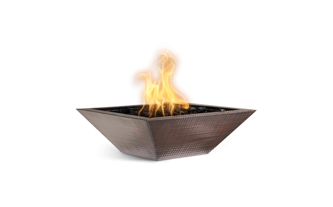 The Outdoor Plus square hammered copper Maya fire bowl